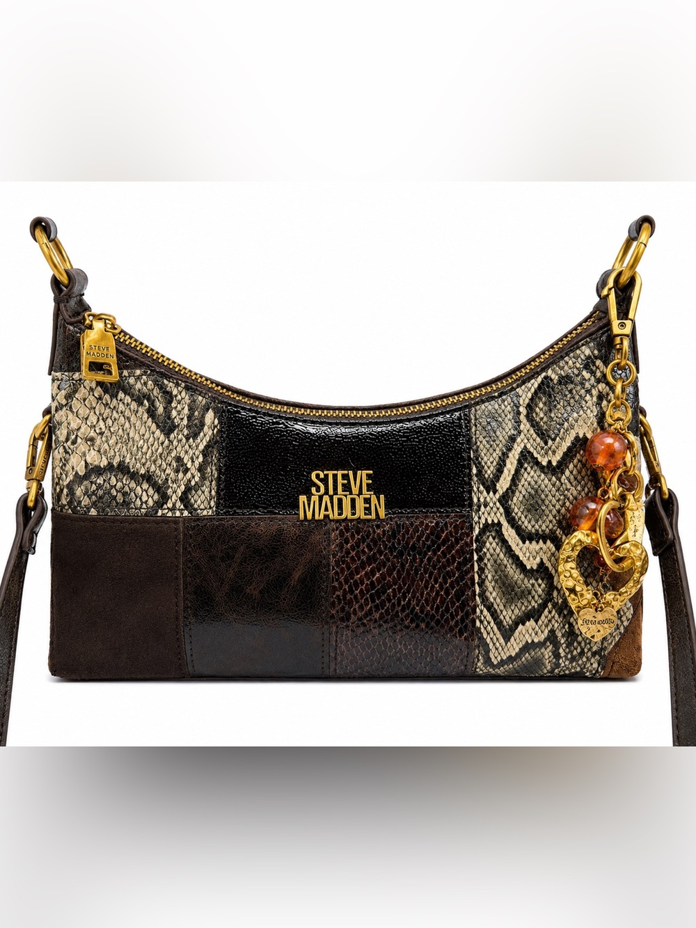 Steve Madden Patchwork Snake-Print Shoulder Bag in Brown & Tan